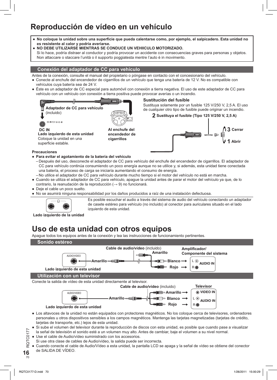 Reproducción de vídeo en un vehículo, Uso de esta unidad con otros equipos | Panasonic DVDLS92EG User Manual | Page 70 / 112