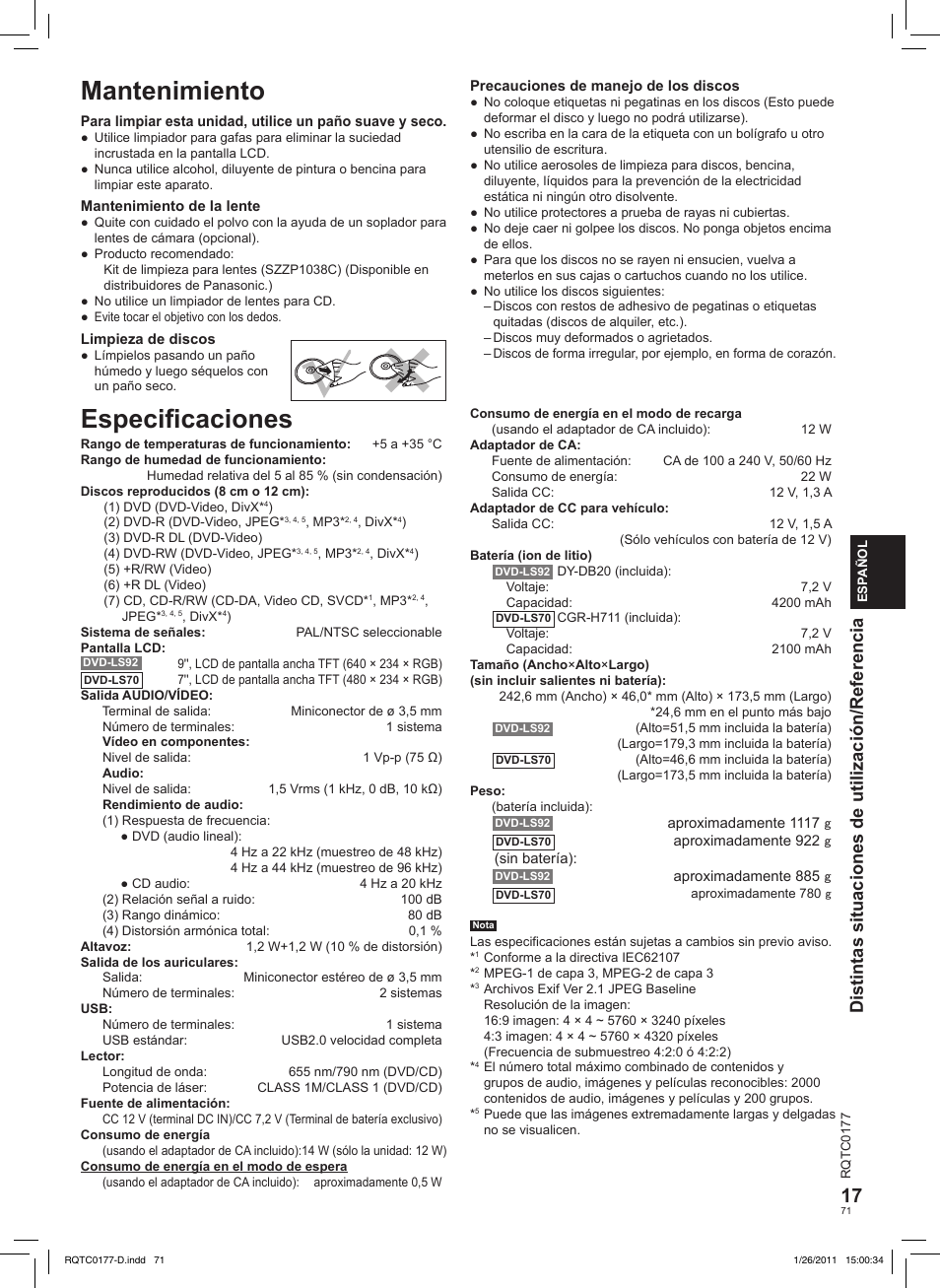Mantenimiento, Especiﬁcaciones, Distintas situaciones de utilización/referencia | Panasonic DVDLS92EG User Manual | Page 71 / 112