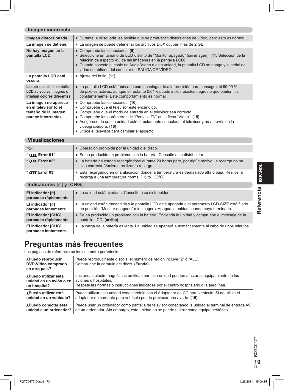 Preguntas más frecuentes, Referencia | Panasonic DVDLS92EG User Manual | Page 73 / 112