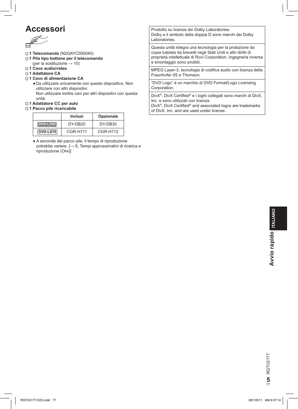 Accessori, Avvio rapido | Panasonic DVDLS92EG User Manual | Page 77 / 112