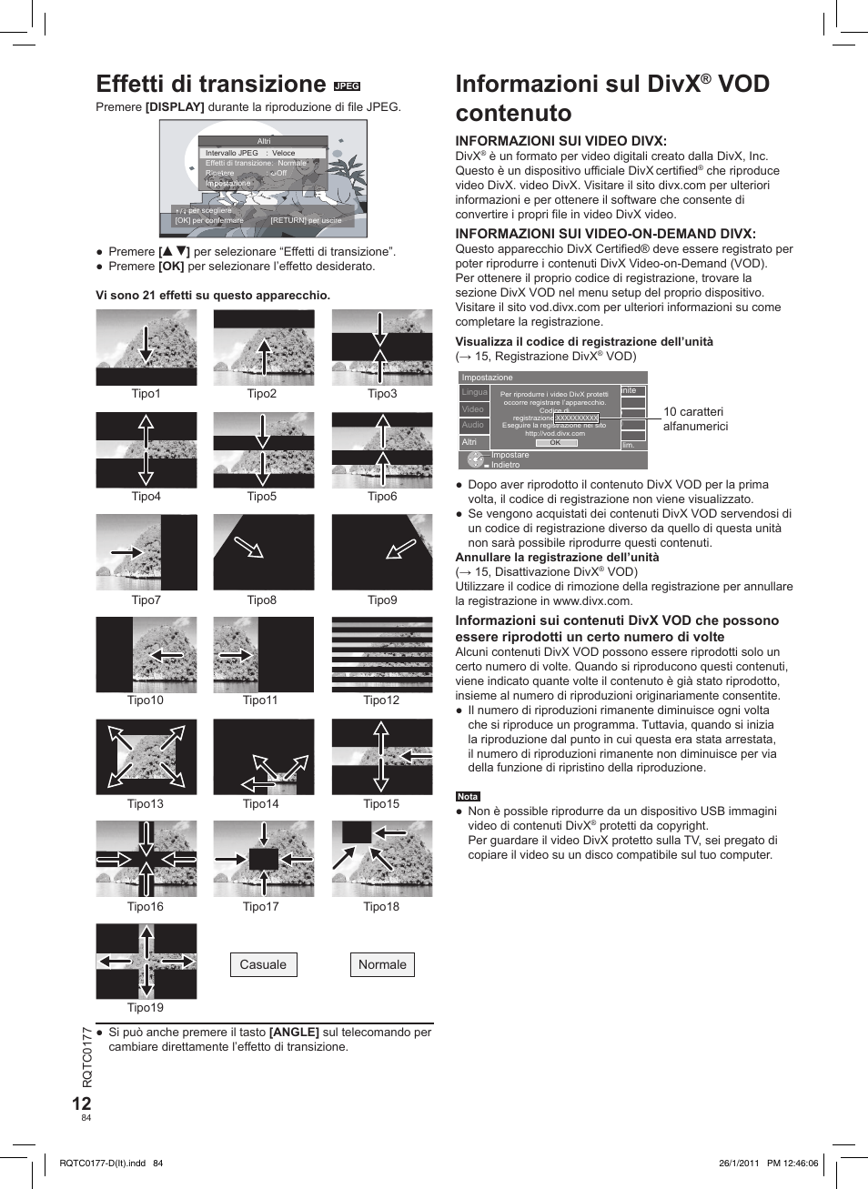 Effetti di transizione, Informazioni sul divx, Vod contenuto | Panasonic DVDLS92EG User Manual | Page 84 / 112