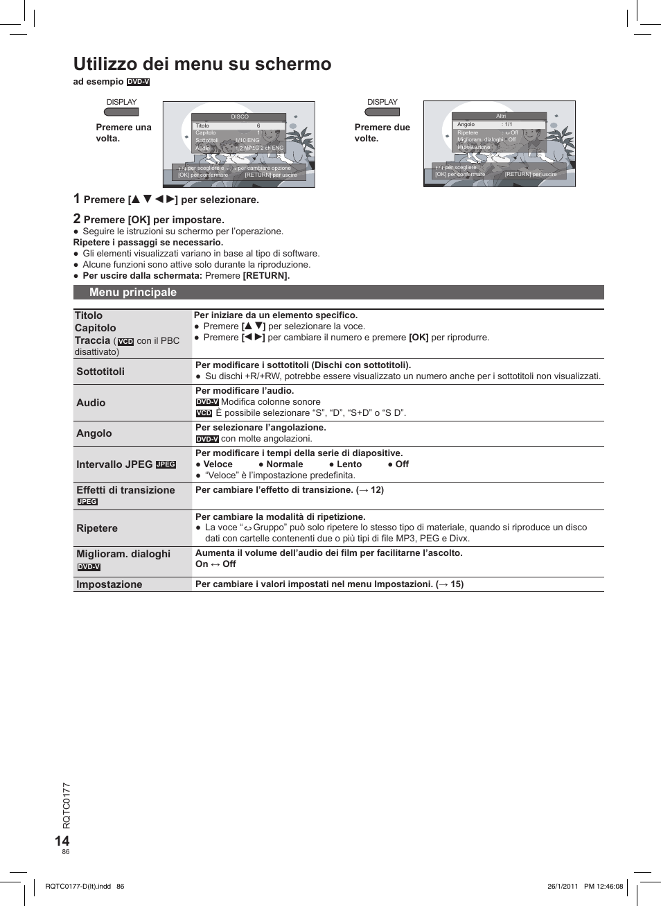 Utilizzo dei menu su schermo, Menu principale | Panasonic DVDLS92EG User Manual | Page 86 / 112