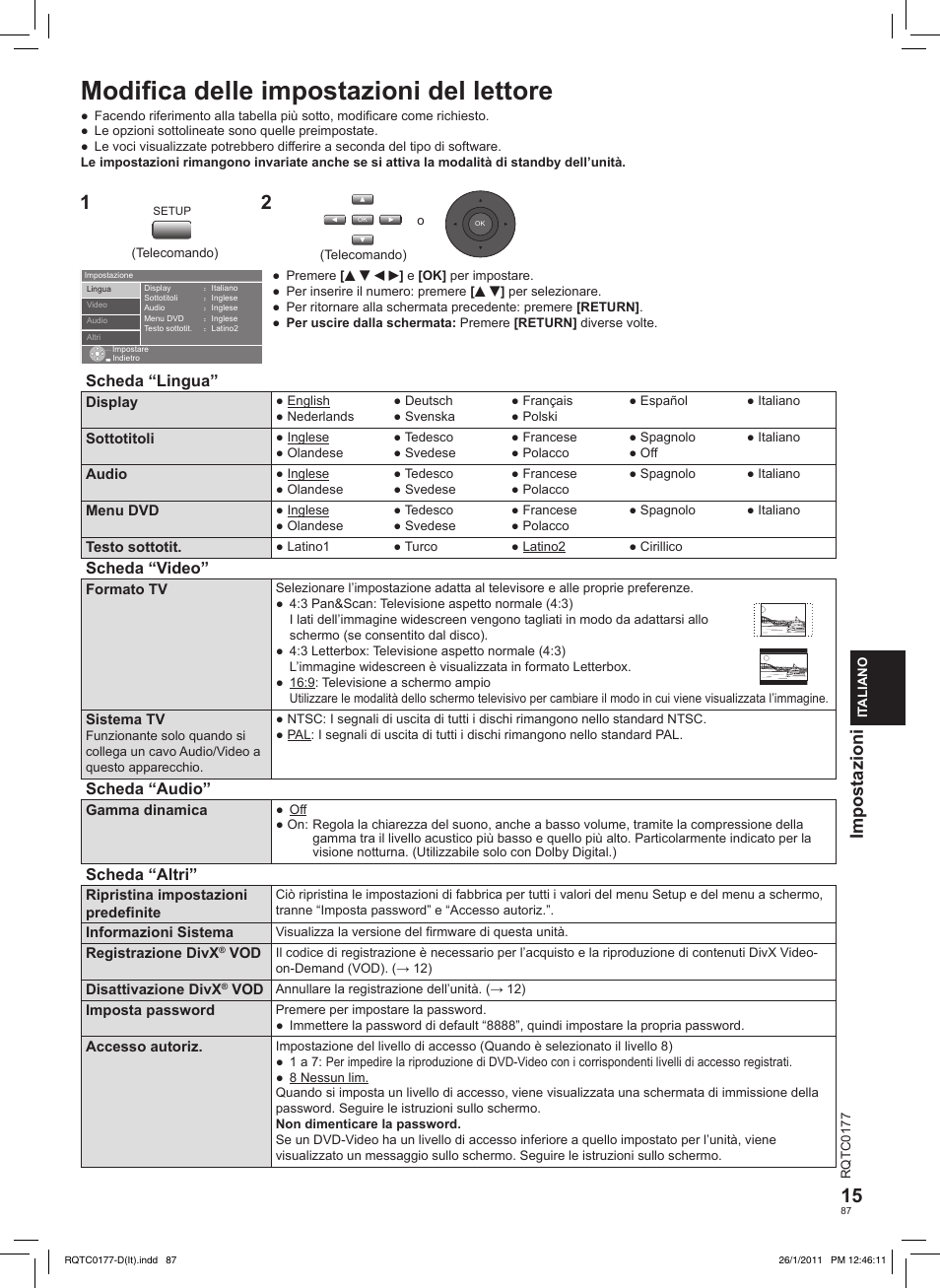 Modiﬁca delle impostazioni del lettore, Impostazioni, Scheda “lingua | Scheda “video, Scheda “audio, Scheda “altri | Panasonic DVDLS92EG User Manual | Page 87 / 112