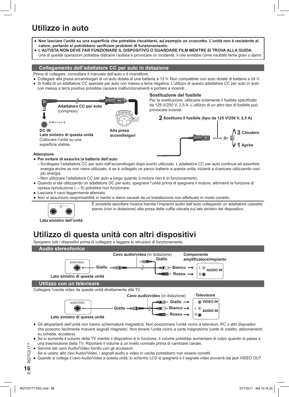 Utilizzo in auto, Utilizzo di questa unità con altri dispositivi | Panasonic DVDLS92EG User Manual | Page 88 / 112