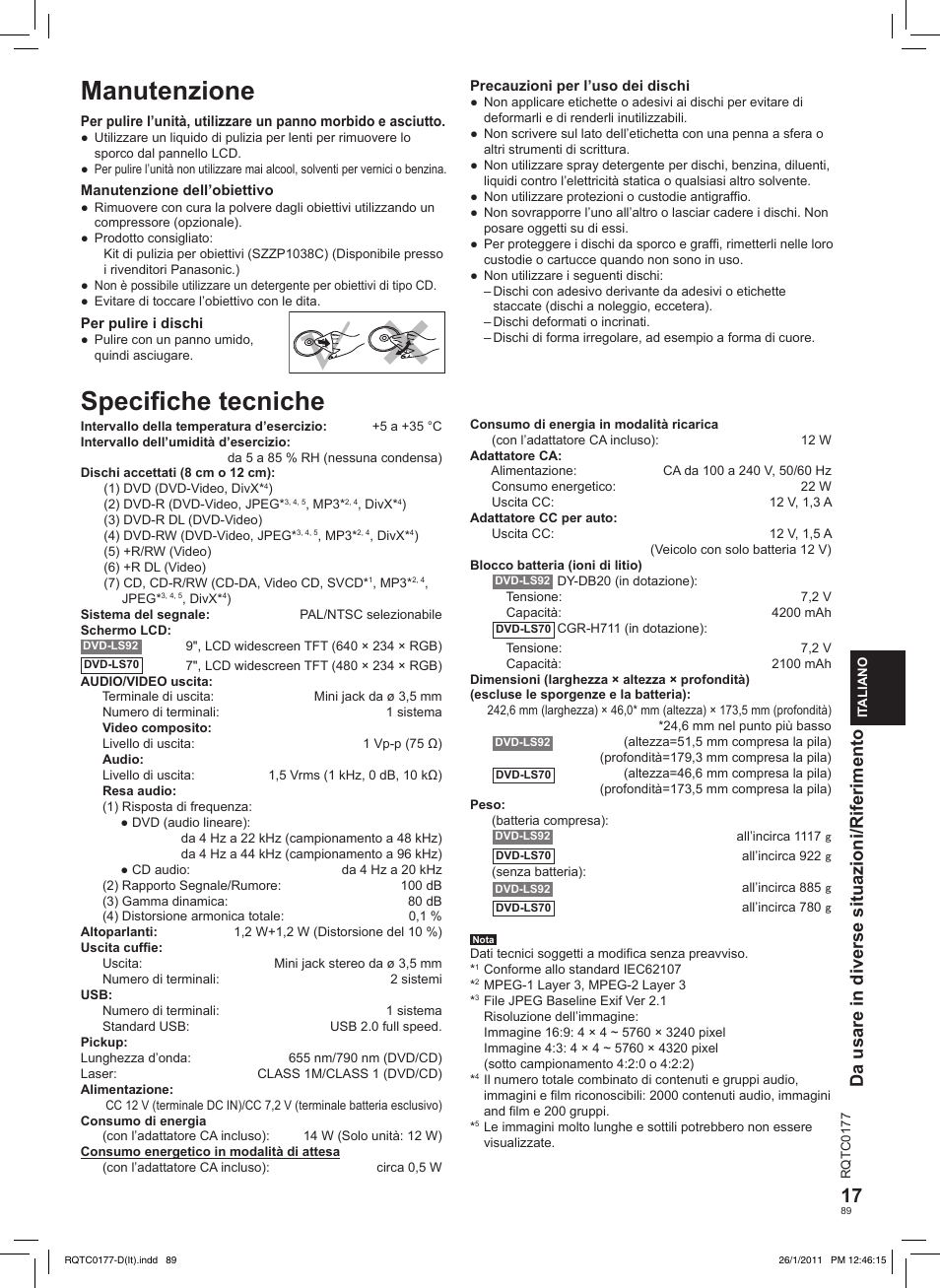 Manutenzione, Speciﬁche tecniche, Da usare in diverse situazioni/riferimento | Panasonic DVDLS92EG User Manual | Page 89 / 112