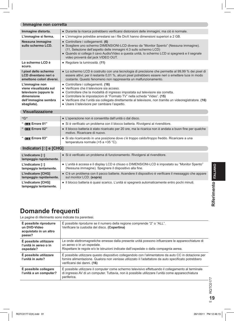 Domande frequenti, Riferimento | Panasonic DVDLS92EG User Manual | Page 91 / 112