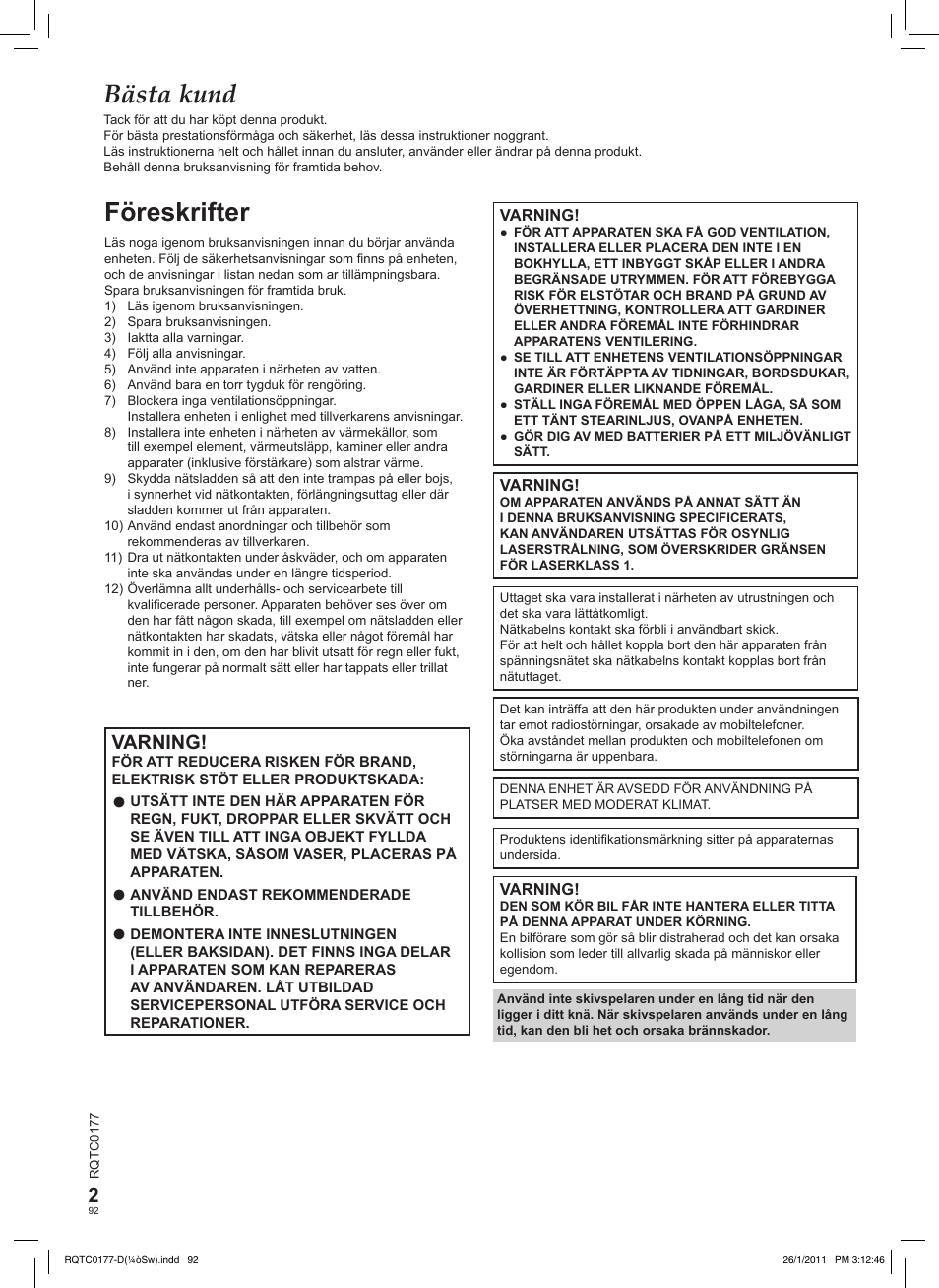 Bästa kund, Föreskrifter, Varning | Panasonic DVDLS92EG User Manual | Page 92 / 112