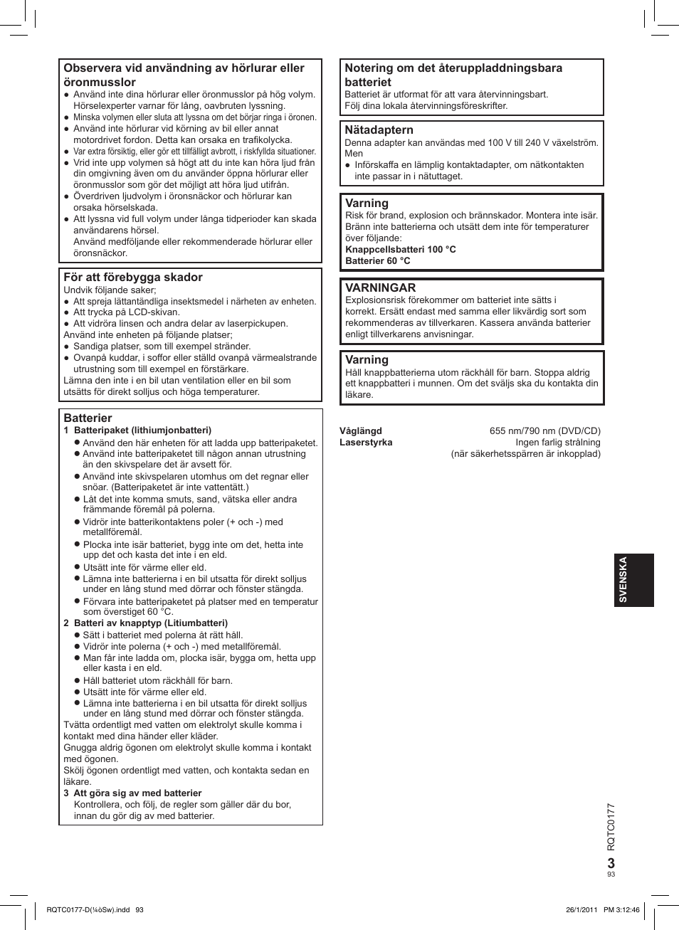 Nätadaptern, Varning, Varningar | För att förebygga skador, Batterier | Panasonic DVDLS92EG User Manual | Page 93 / 112