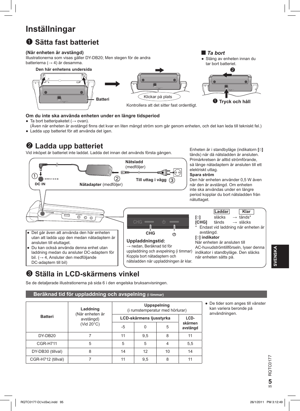Inställningar, Ställa in lcd-skärmens vinkel, Sätta fast batteriet | Ladda upp batteriet | Panasonic DVDLS92EG User Manual | Page 95 / 112