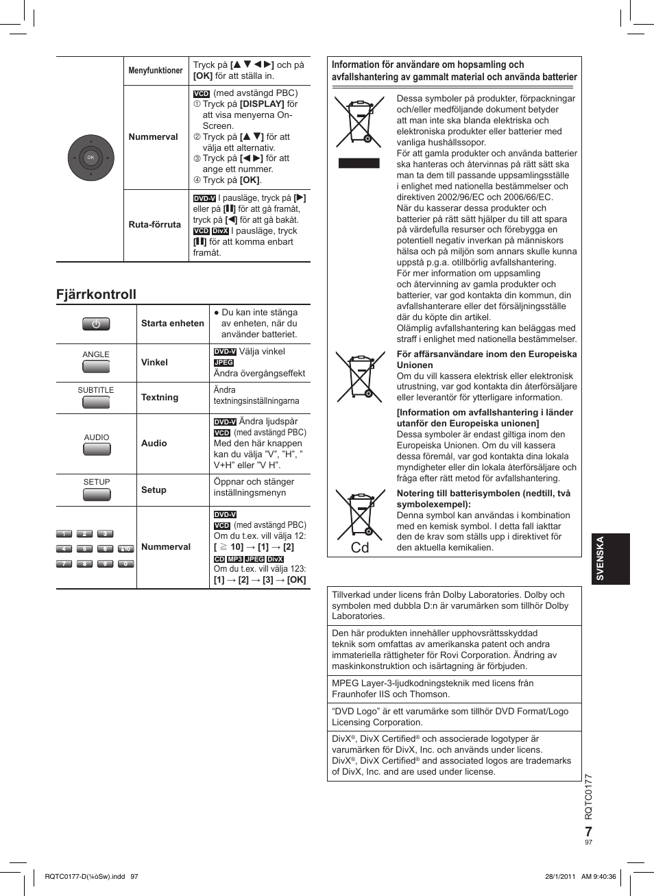 Fjärrkontroll | Panasonic DVDLS92EG User Manual | Page 97 / 112
