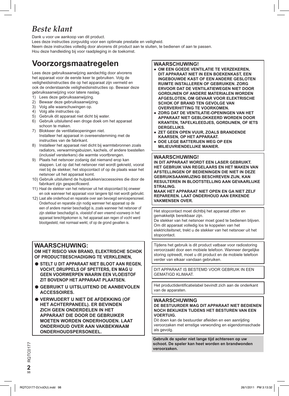 Beste klant, Voorzorgsmaatregelen, Waarschuwing | Panasonic DVDLS92EG User Manual | Page 98 / 112