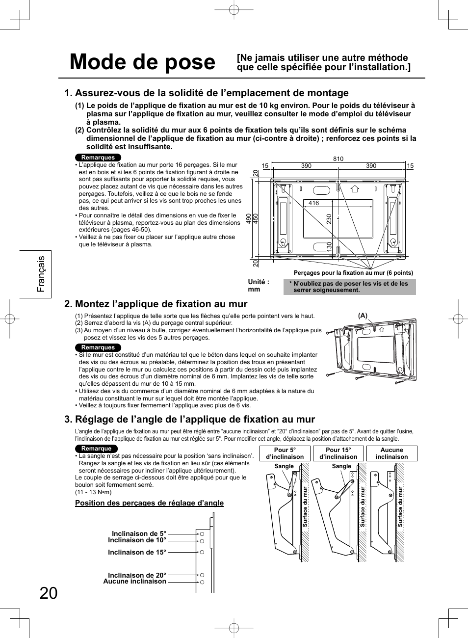 Mode de pose, Montez l’applique de fixation au mur, Français | Panasonic TYWK42PR4W User Manual | Page 20 / 56