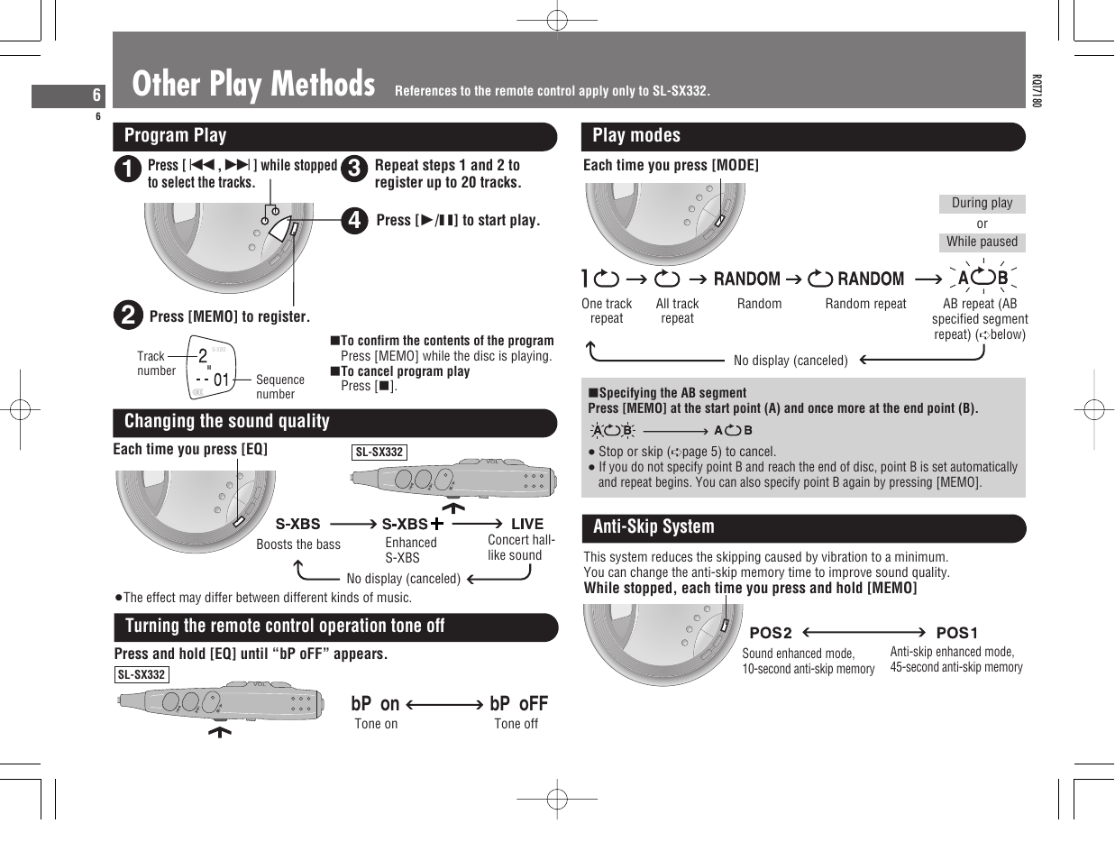 Other play methods, Bp on bp off | Panasonic SLSX325 User Manual | Page 6 / 88