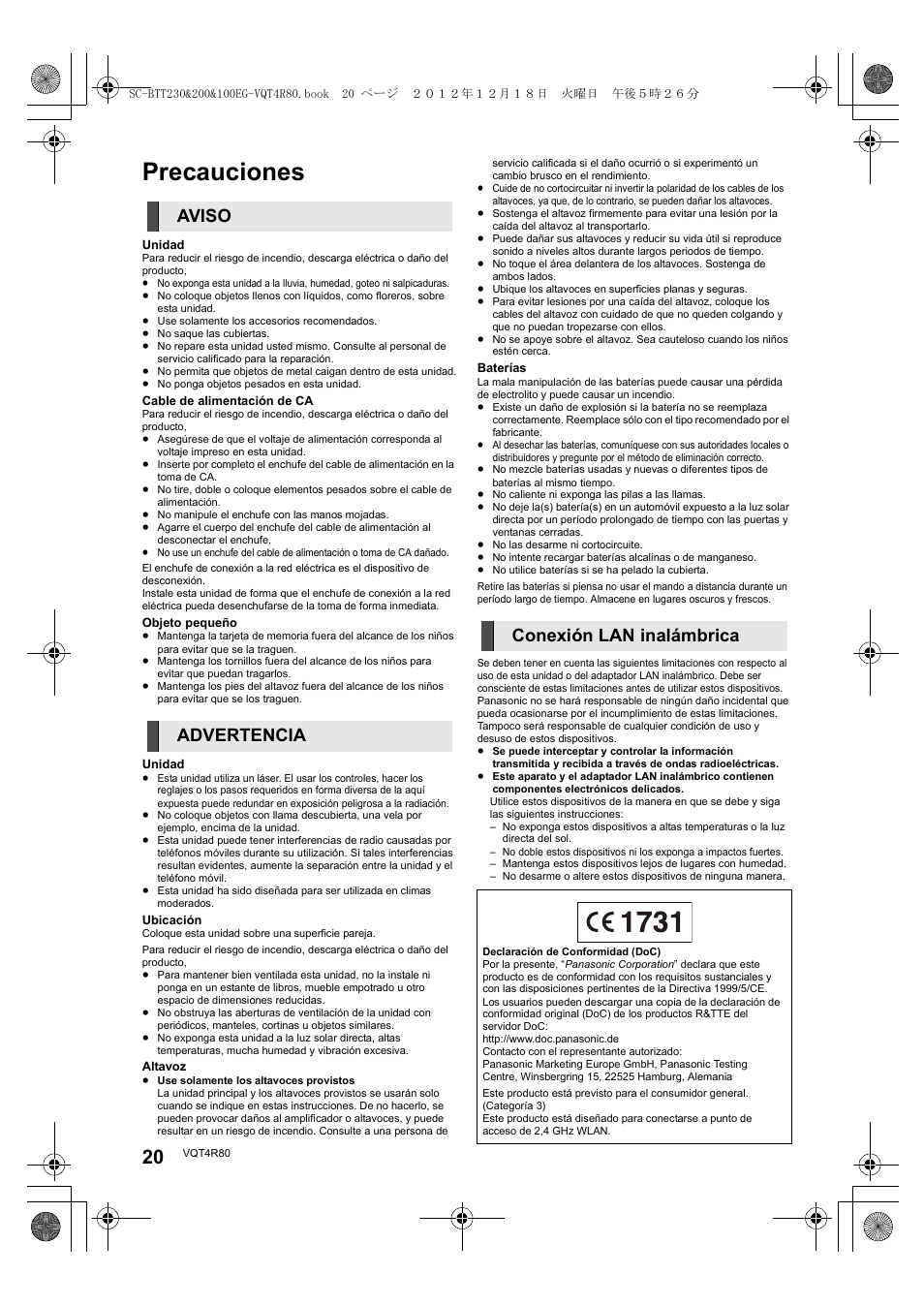 Precauciones, Aviso advertencia conexión lan inalámbrica | Panasonic SCBTT200EG User Manual | Page 20 / 56