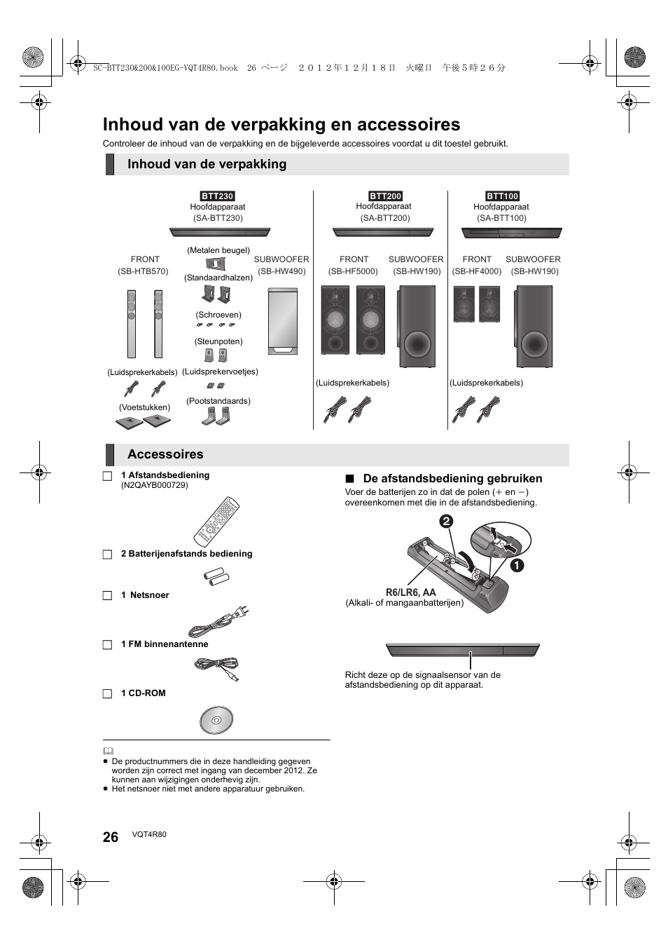 Inhoud van de verpakking en accessoires, Inhoud van de verpakking, Accessoires | Panasonic SCBTT200EG User Manual | Page 26 / 56
