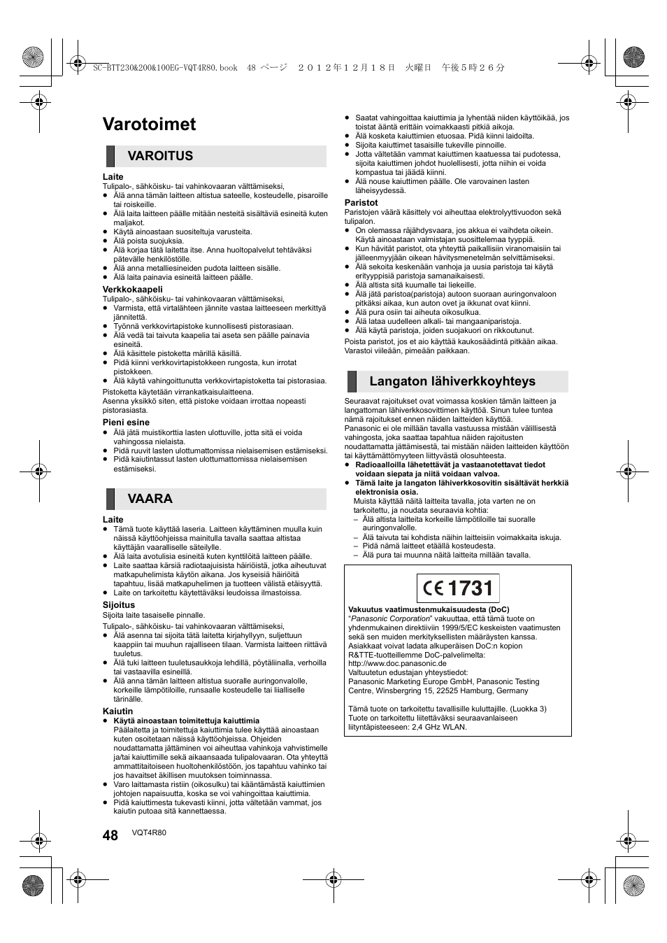 Varotoimet, Varoitus vaara langaton lähiverkkoyhteys | Panasonic SCBTT200EG User Manual | Page 48 / 56