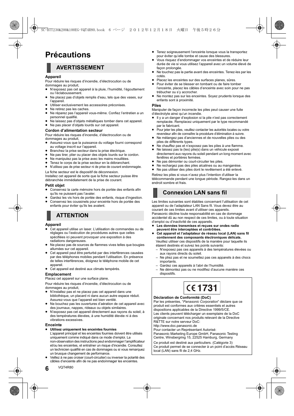 Précautions, Avertissement attention connexion lan sans fil | Panasonic SCBTT200EG User Manual | Page 6 / 56