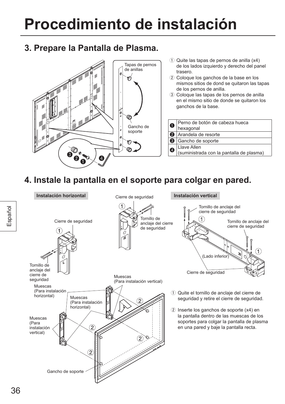 Procedimiento de instalación, 6 3. prepare la pantalla de plasma | Panasonic TYWK103PV9 User Manual | Page 36 / 64