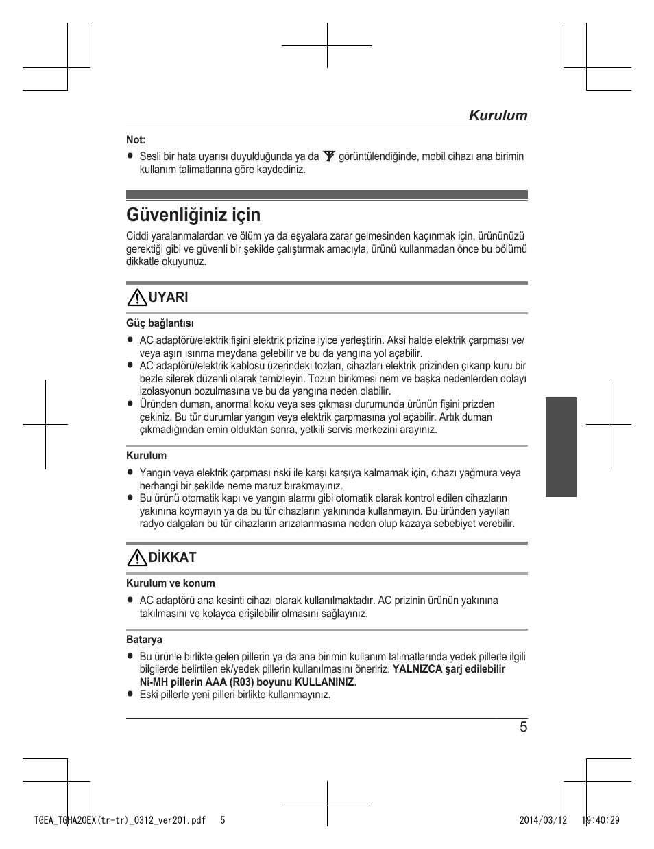 Güvenliğiniz için | Panasonic KXTGEA20EX User Manual | Page 101 / 112