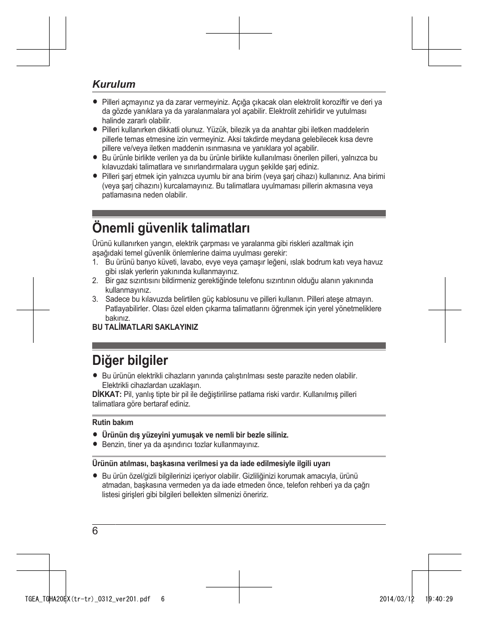 Önemli güvenlik talimatları, Diğer bilgiler | Panasonic KXTGEA20EX User Manual | Page 102 / 112