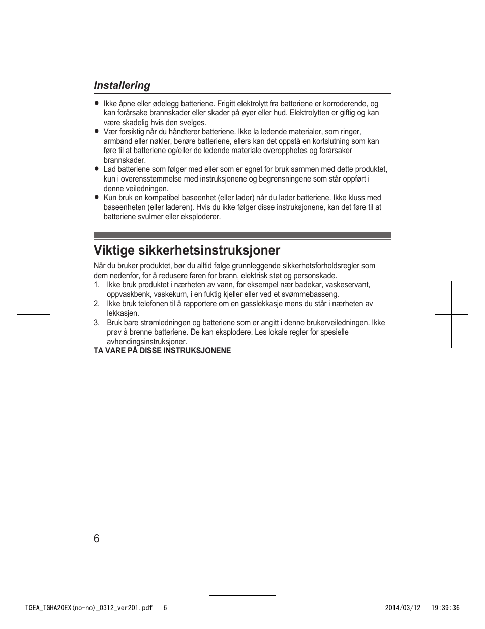 Viktige sikkerhetsinstruksjoner | Panasonic KXTGEA20EX User Manual | Page 46 / 112