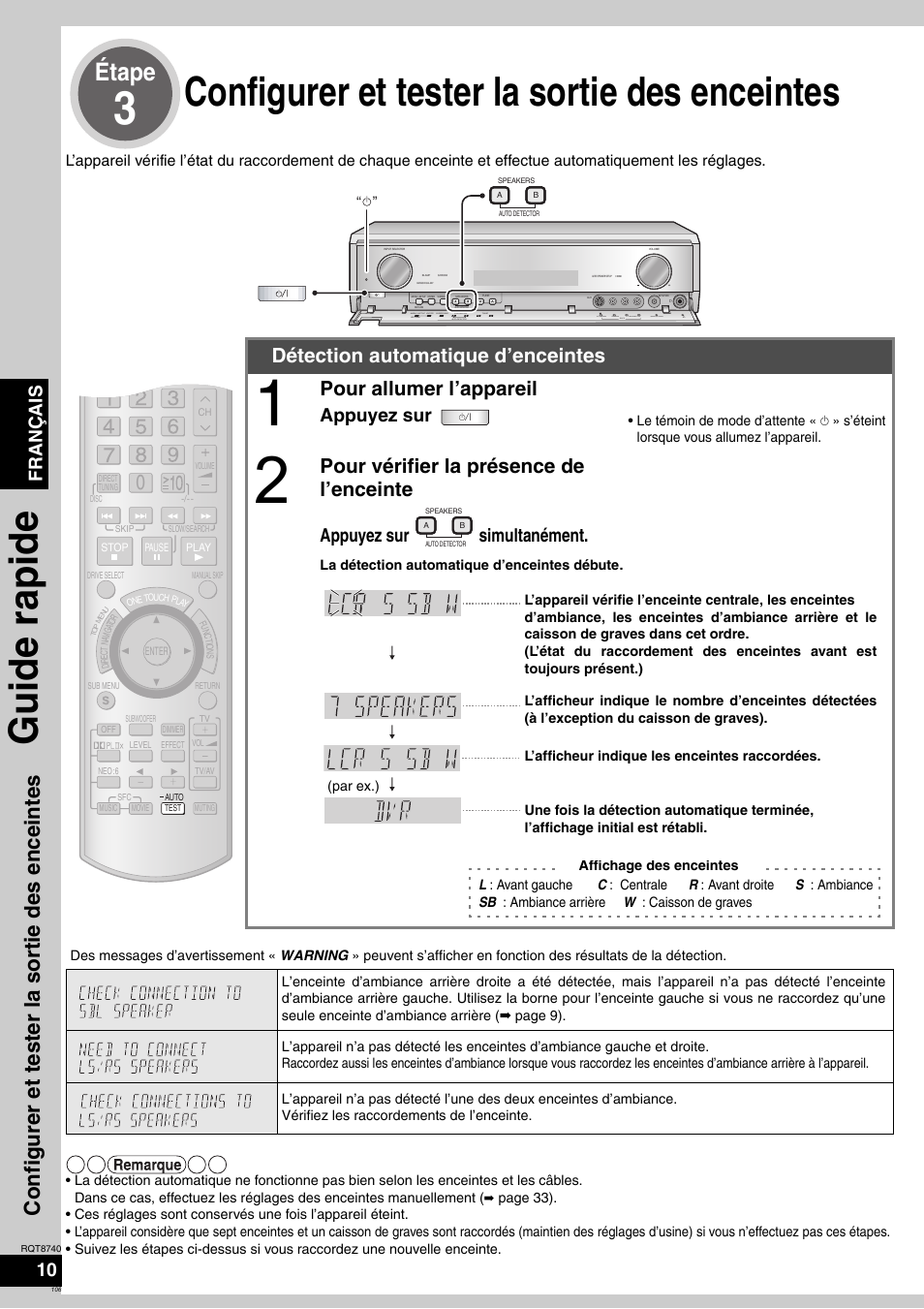 Configurer et tester la sortie des enceintes, Guide rapide, Étape | Configurer et tester l a sortie des enceintes, Détection automatique d’enceintes, Pour allumer l’appareil, Pour vérifier la présence de l’enceinte, Français 10, Appuyez sur, Appuyez sur simultanément | Panasonic SAXR700 User Manual | Page 106 / 144