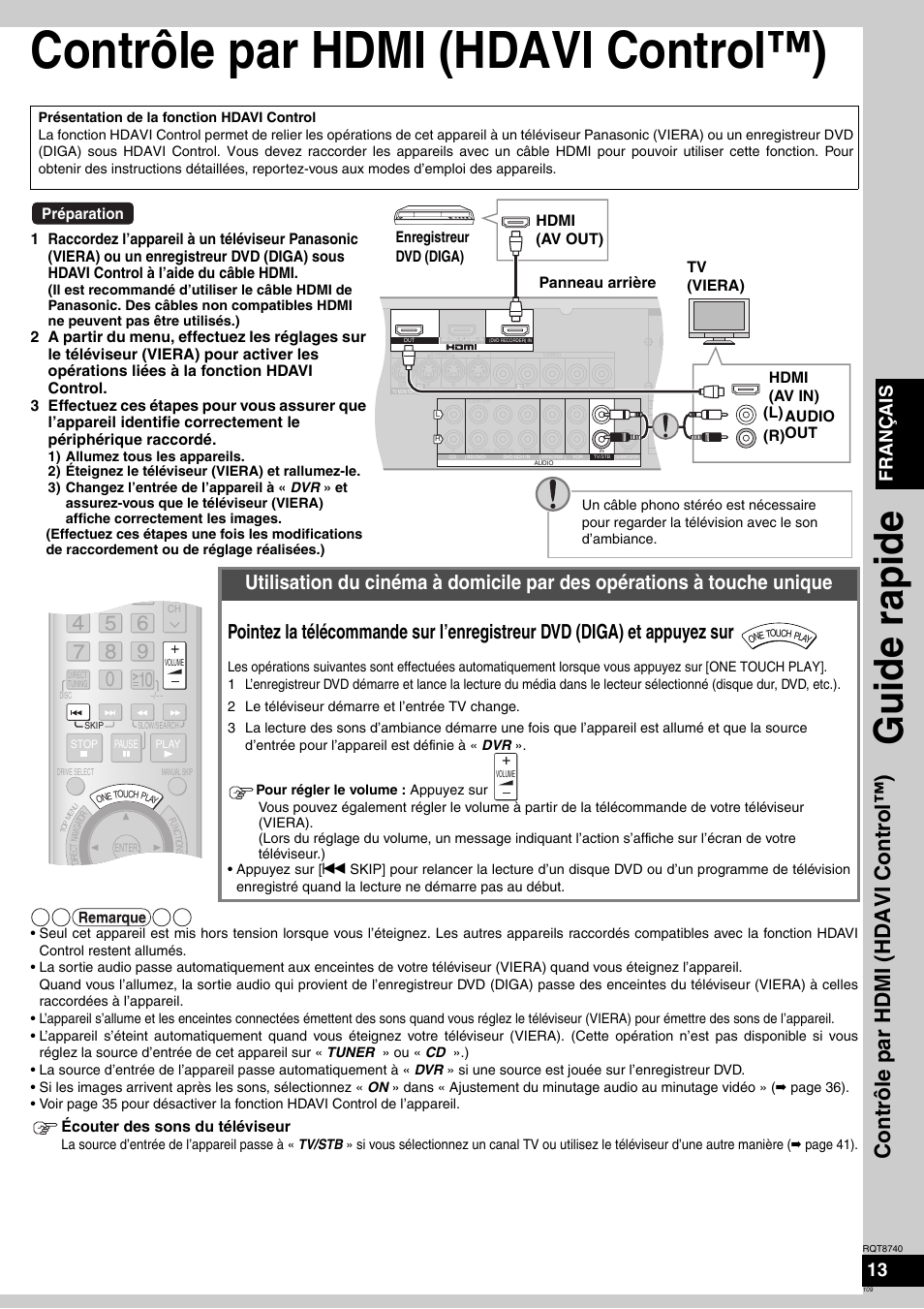 Contrôle par hdmi (hdavi control™), Guide rapide, Cont rôl e par hdmi (hdavi cont rol ™ ) | Français 13, Préparation, Écouter des sons du téléviseur | Panasonic SAXR700 User Manual | Page 109 / 144