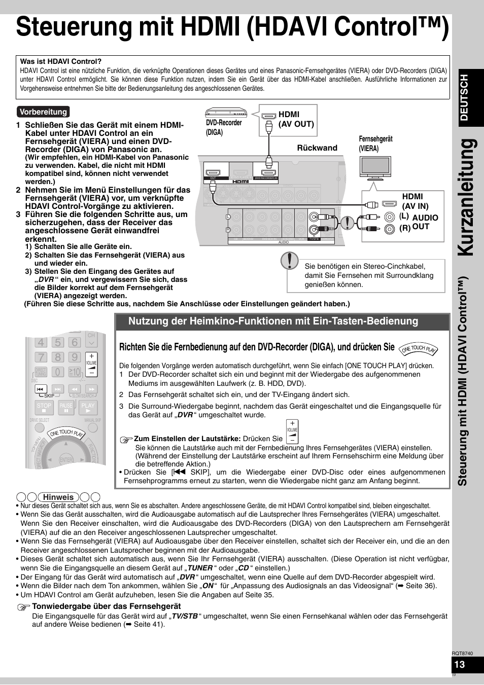 Steuerung mit hdmi (hdavi control™), Ku rzanleitung, Deutsch | Vorbereitung, Hinweis, Tonwiedergabe über das fernsehgerät | Panasonic SAXR700 User Manual | Page 13 / 144