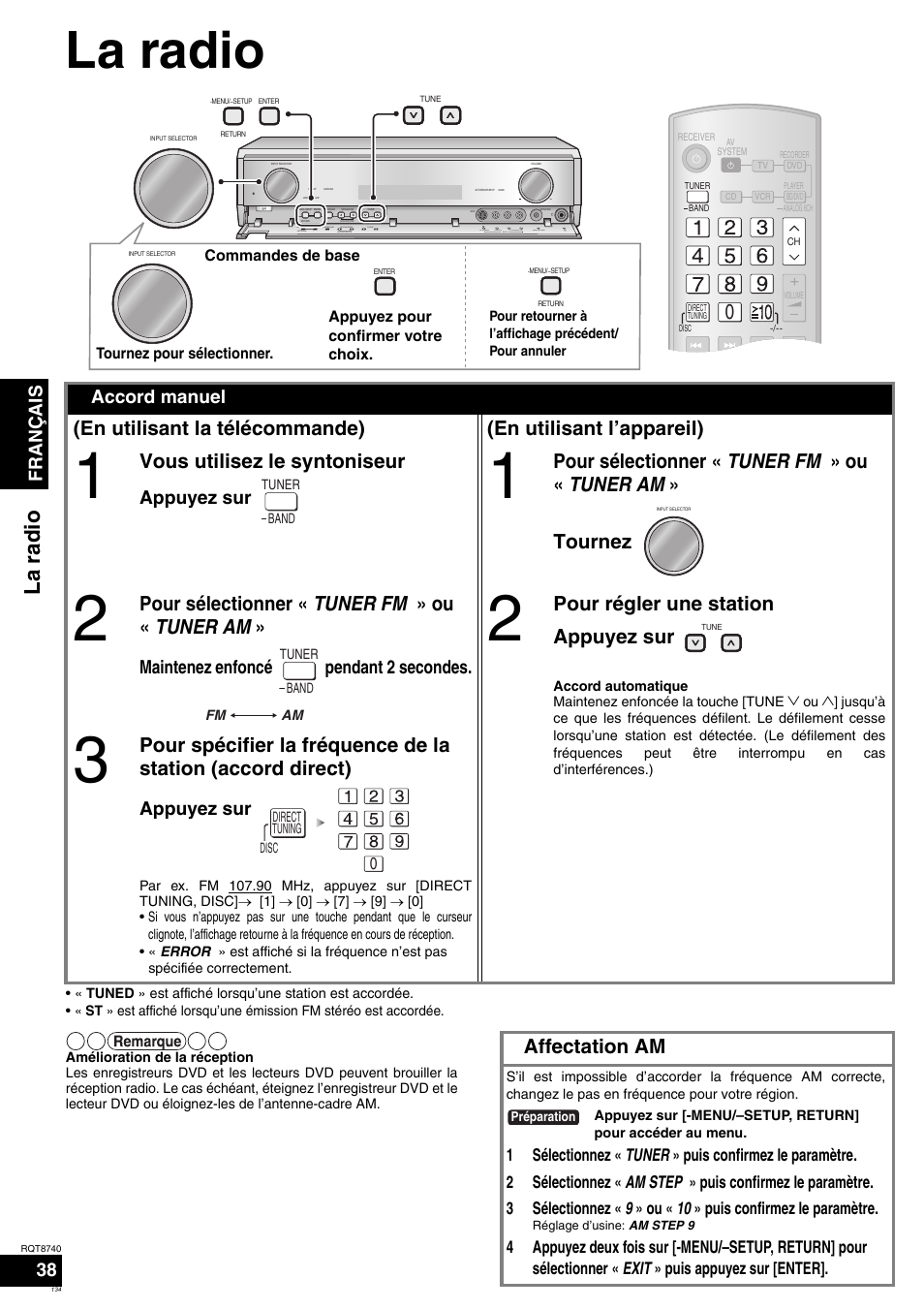La radio, Vous utilisez le syntoniseur, Pour sélectionner « tuner fm » ou « tuner am | Pour régler une station appuyez sur, Affectation am, Français 38, Accord manuel, Appuyez sur, Maintenez enfoncé pendant 2 secondes | Panasonic SAXR700 User Manual | Page 134 / 144