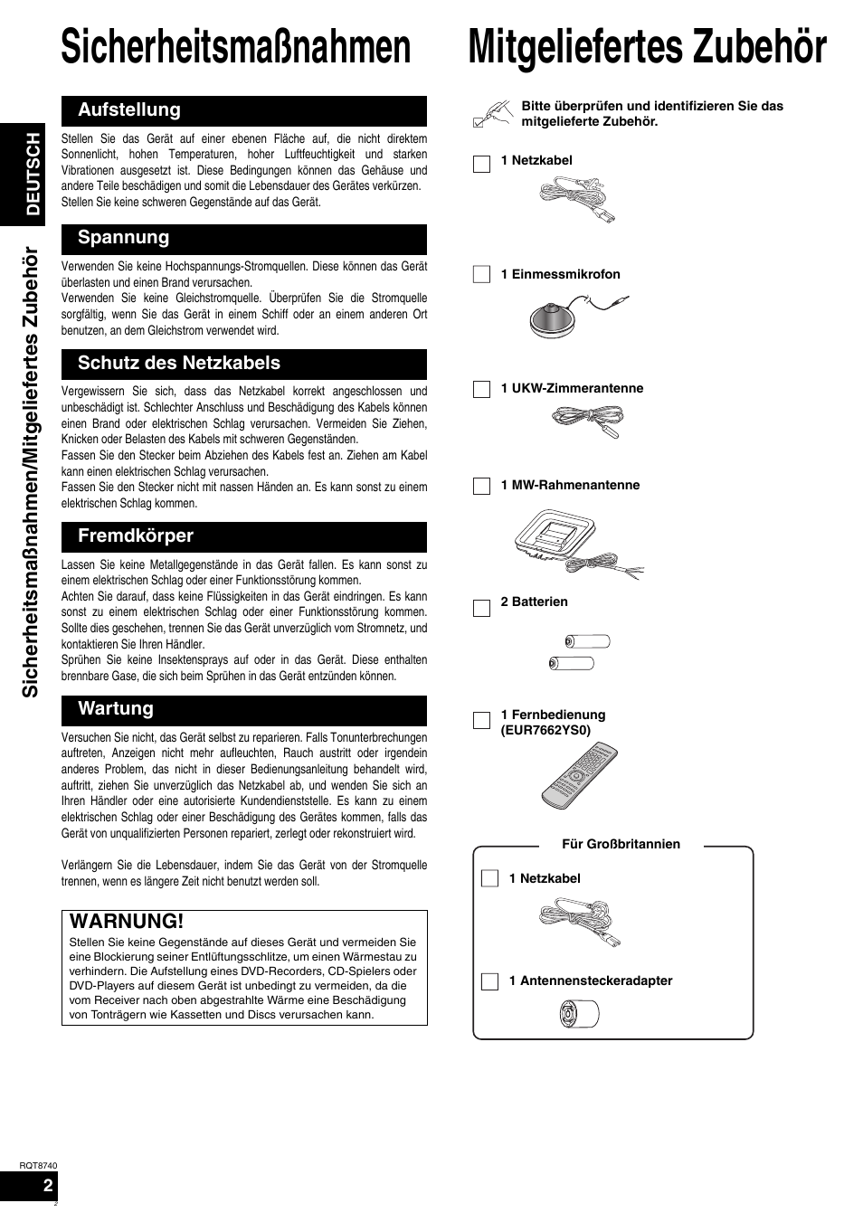 Sicherheitsmaßnahmen, Mitgeliefertes zubehör, Warnung | Sicherheitsm aßnahm en/m itgeliefertes zubehör | Panasonic SAXR700 User Manual | Page 2 / 144