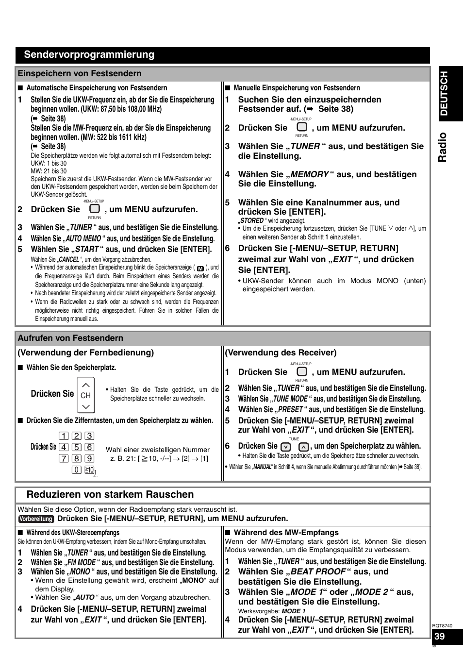 Radio, Sendervorprogrammierung, Reduzieren von starkem rauschen | Deutsch, Drücken sie | Panasonic SAXR700 User Manual | Page 39 / 144