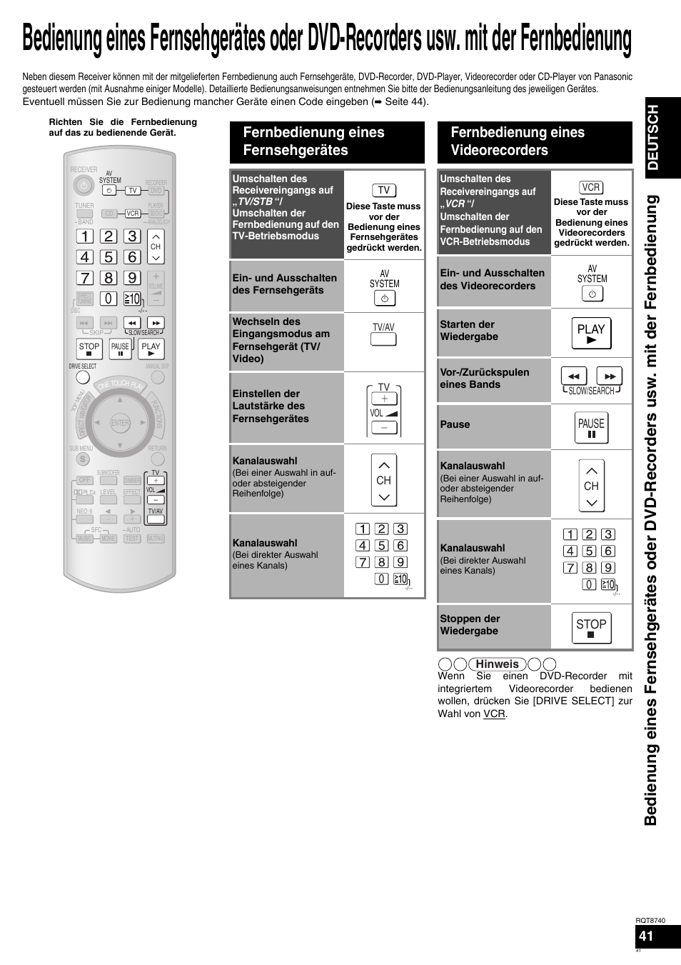 Fernbedienung eines fernsehgerätes, Fernbedienung eines videorecorders, Deutsch | Play, Pause, Stop, Hinweis | Panasonic SAXR700 User Manual | Page 41 / 144