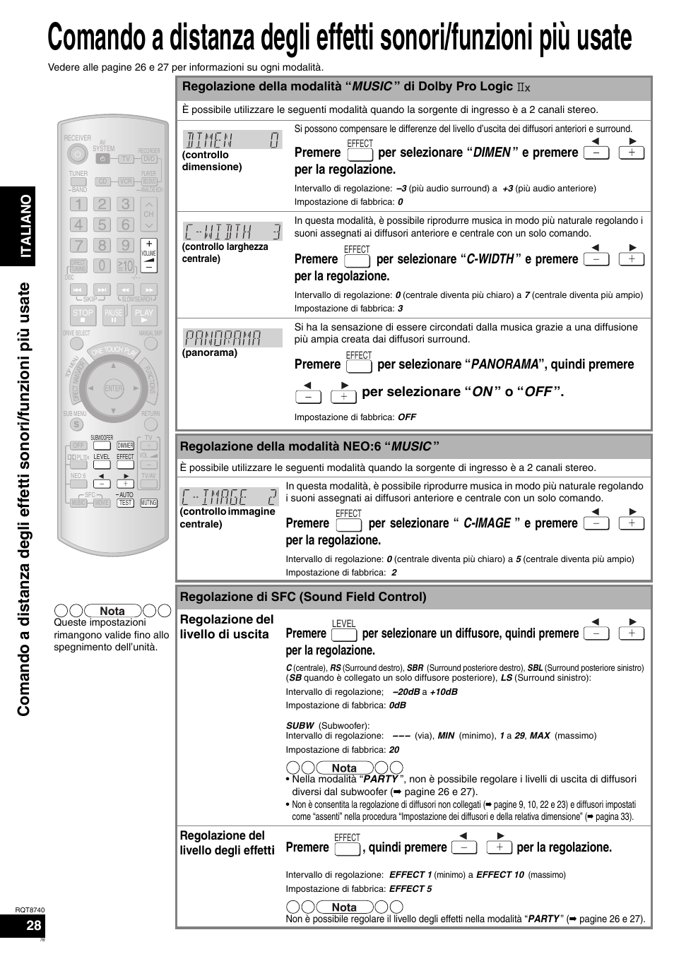 Ita l ia no 28, Premere , quindi premere per la regolazione | Panasonic SAXR700 User Manual | Page 76 / 144