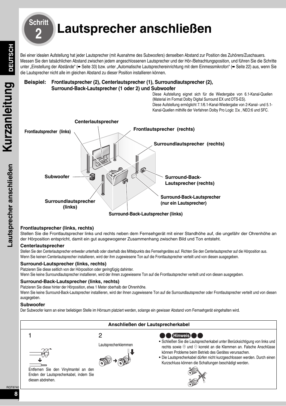 Lautsprecher anschließen, Ku rzanleitung, Schritt | Panasonic SAXR700 User Manual | Page 8 / 144