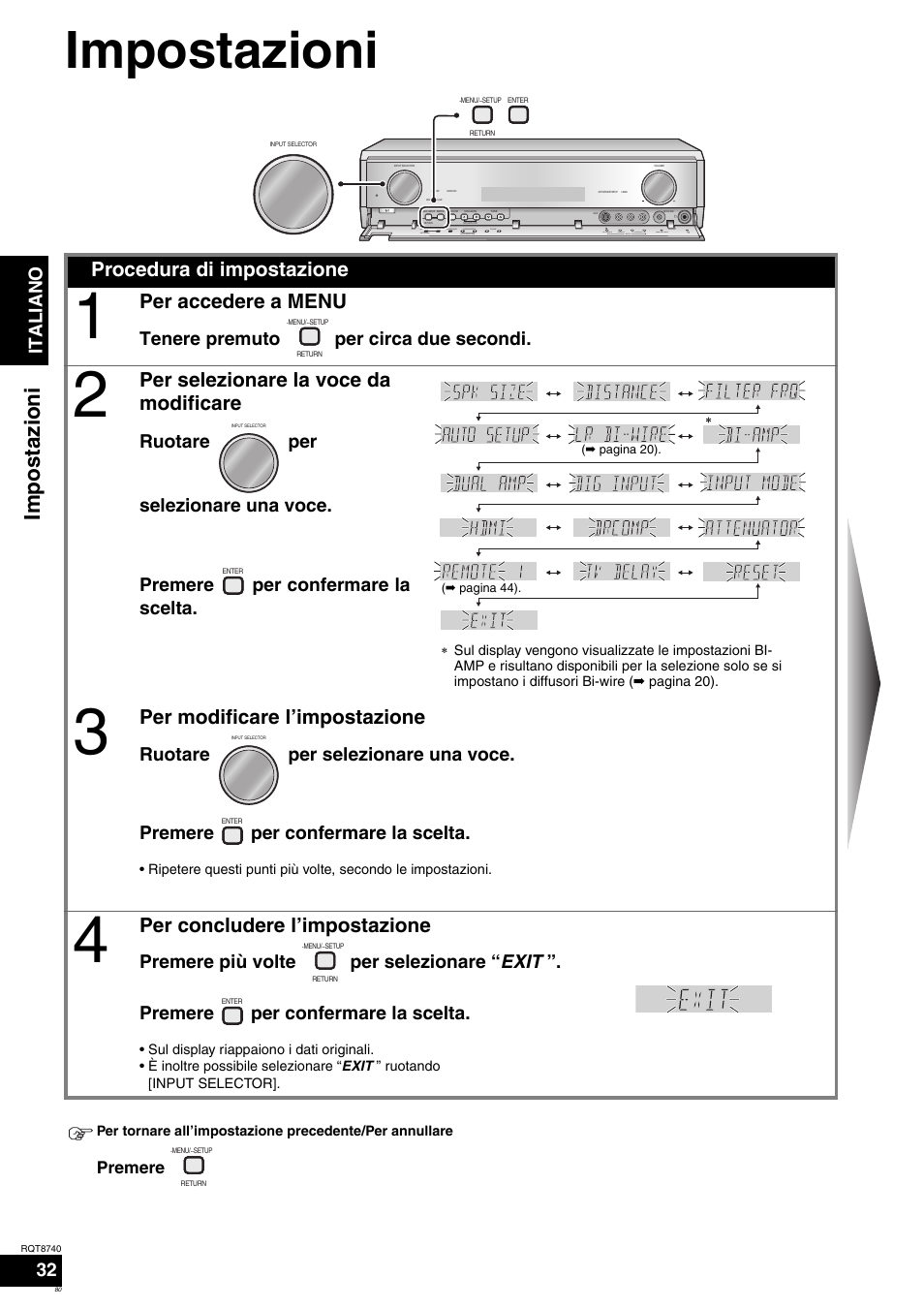 Impostazioni, Procedura di impostazione, Per accedere a menu | Per selezionare la voce da modificare, Per modificare l’impostazione, Per concludere l’impostazione, Ita l ia no 32, Tenere premuto per circa due secondi | Panasonic SAXR700 User Manual | Page 80 / 144