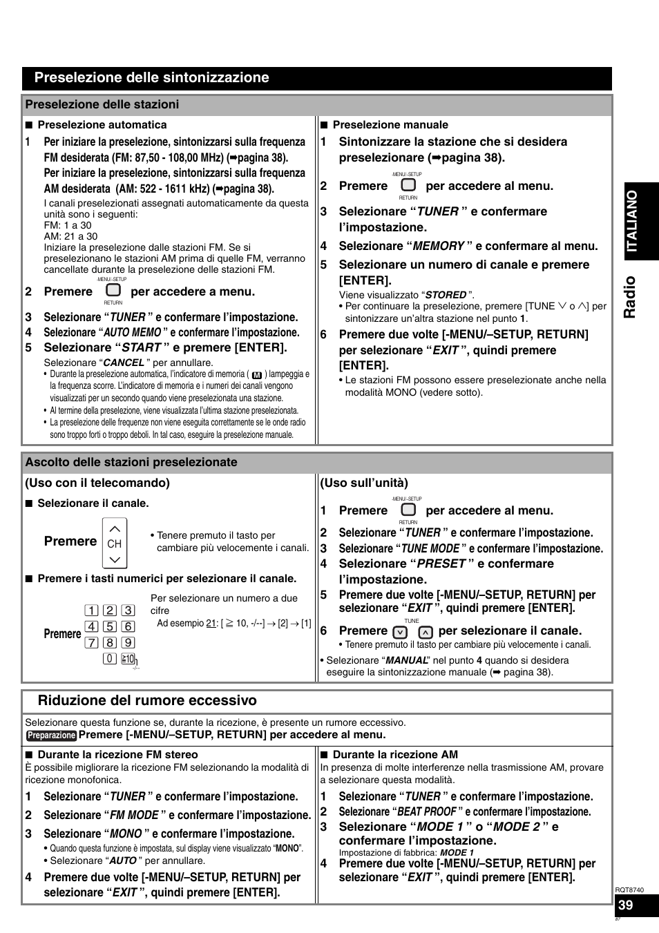 Radio, Preselezione delle sintonizzazione, Riduzione del rumore eccessivo | Ita l ia no 39, Premere | Panasonic SAXR700 User Manual | Page 87 / 144