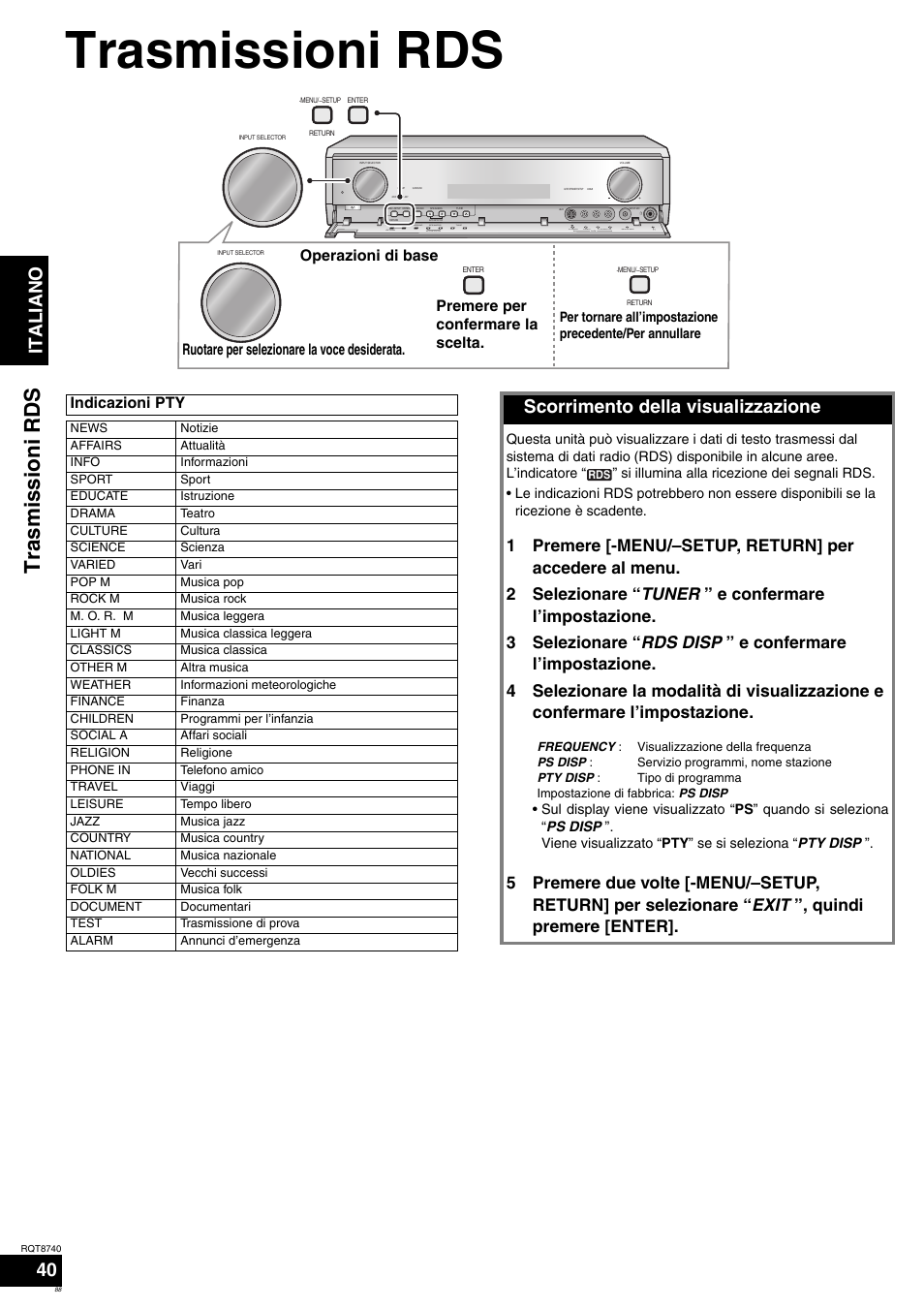 Trasmissioni rds, Ita l ia no 40, Scorrimento della visualizzazione | Panasonic SAXR700 User Manual | Page 88 / 144