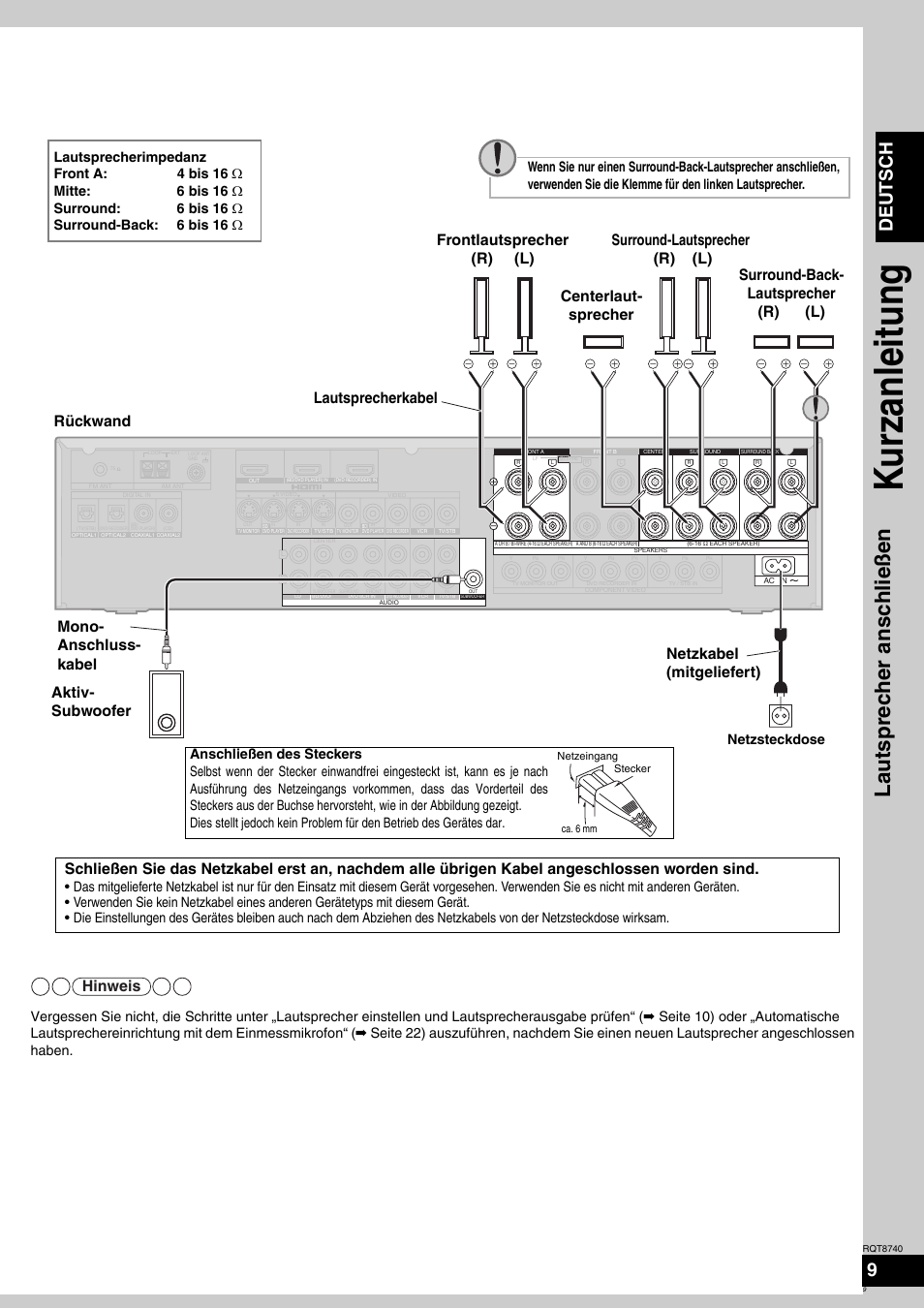 Ku rzanleitung, Lautsprecher anschließen, Deutsch | Hinweis, Netzsteckdose | Panasonic SAXR700 User Manual | Page 9 / 144
