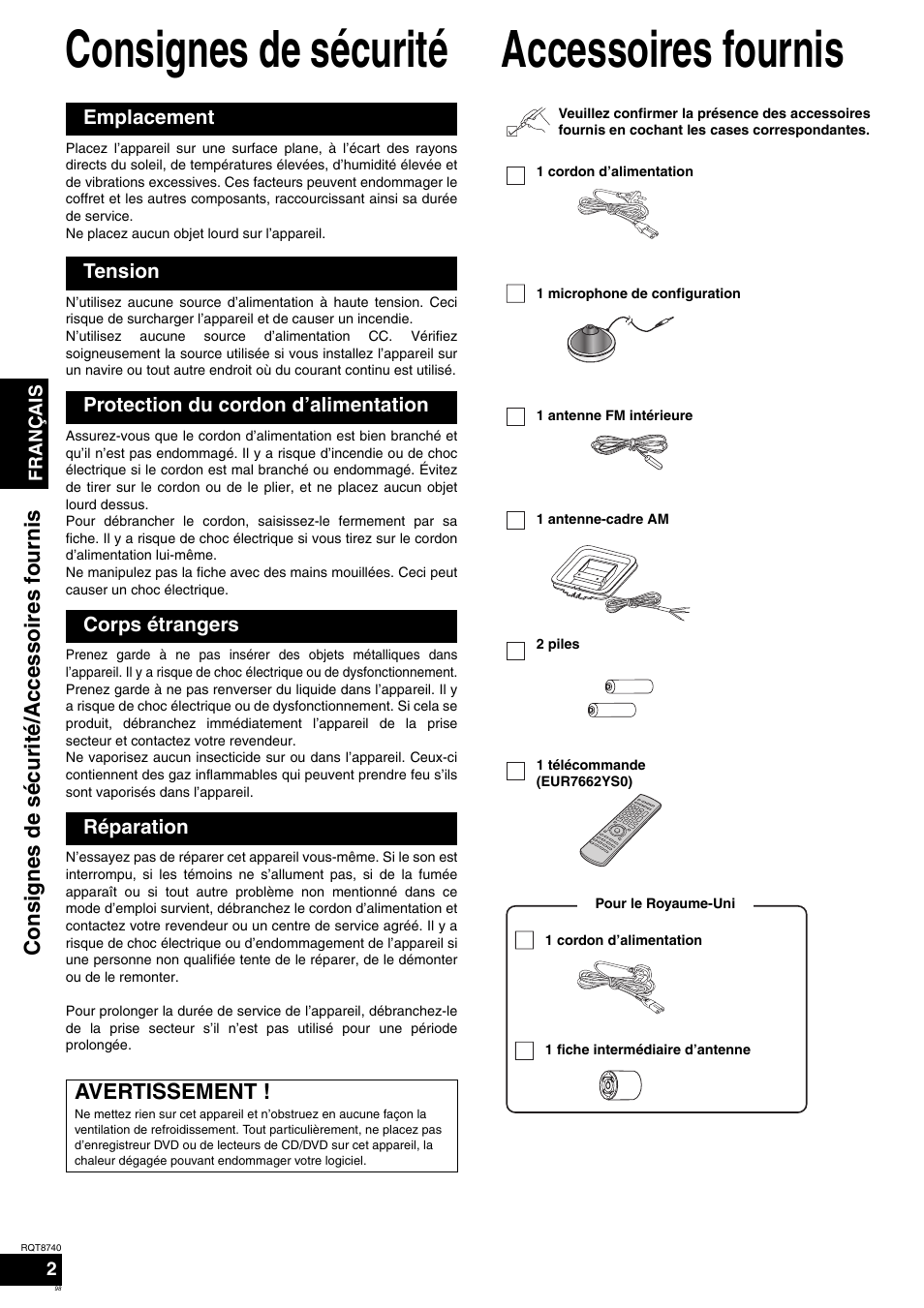 Consignes de sécurité, Accessoires fournis, Avertissement | Consi g nes de sécurité/ accessoires fourni s | Panasonic SAXR700 User Manual | Page 98 / 144