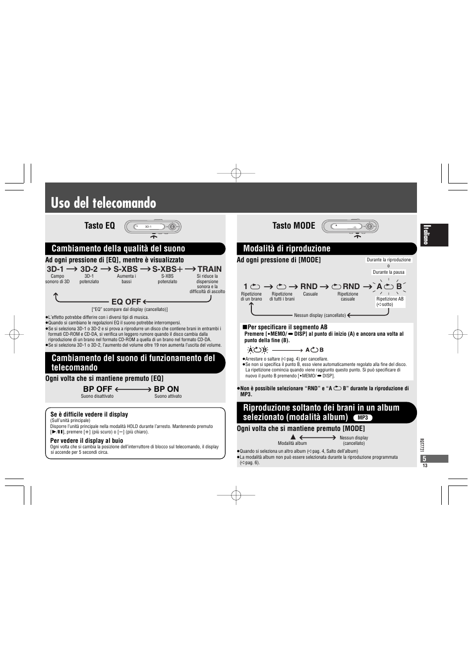 Uso del telecomando, Tasto mode, Modalità di riproduzione | Rnd a 1, 3d-1 3d-2 s-xbs s-xbs r train eq off, Bp off bp on | Panasonic SLCT720 User Manual | Page 13 / 84