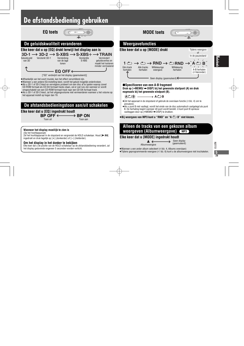 De afstandsbediening gebruiken, Mode toets, Weergavefuncties | Rnd a 1, 3d-1 3d-2 s-xbs s-xbs r train eq off, Bp off bp on | Panasonic SLCT720 User Manual | Page 29 / 84