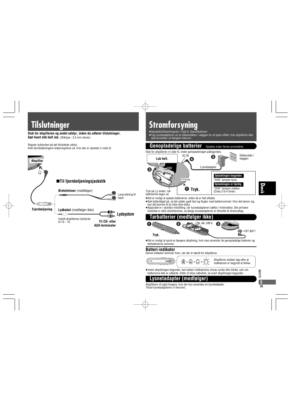 Strømforsyning tilslutninger, Genopladelige batterier | Panasonic SLCT720 User Manual | Page 35 / 84