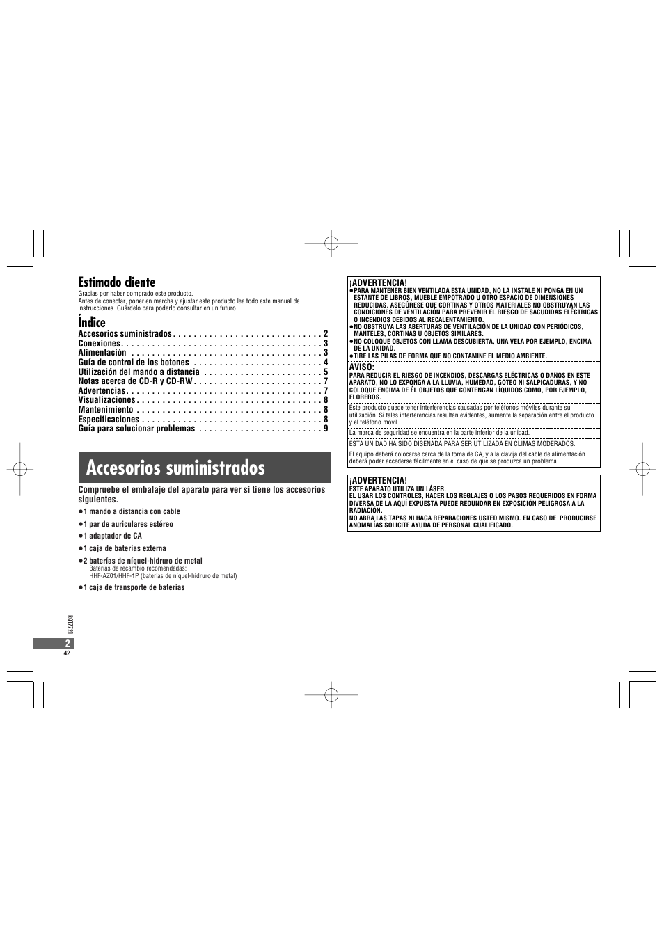 Accesorios suministrados, Estimado cliente, Índice | Panasonic SLCT720 User Manual | Page 42 / 84