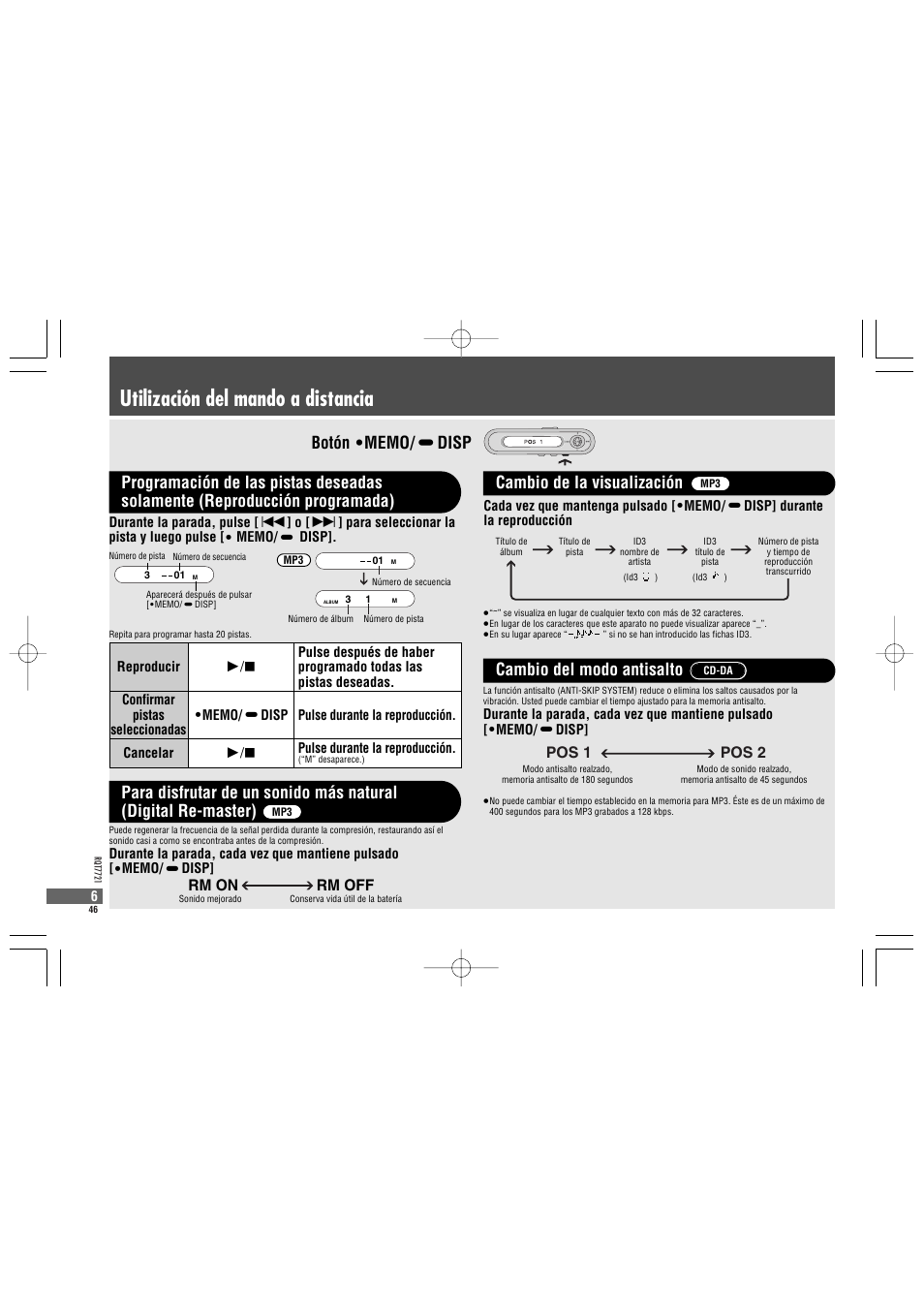 Utilización del mando a distancia, Pos 1 pos 2, Rm on rm off | Panasonic SLCT720 User Manual | Page 46 / 84