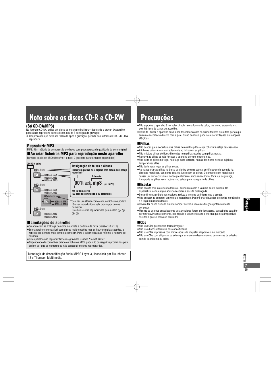 Nota sobre os discos cd-r e cd-rw, Precauções, 001 track .mp3 | Ortuguês reproduzir mp3, Limitações do aparelho, Só cd-da/mp3) | Panasonic SLCT720 User Manual | Page 55 / 84