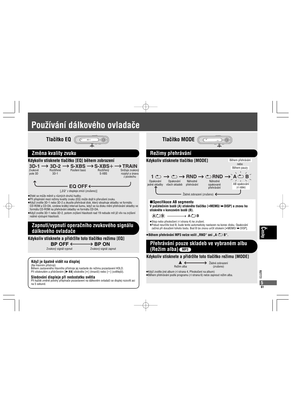 Pouƒívání dálkového ovladaçe, Tlaçítko mode, Reƒimy pâehrávání | Rnd a 1, 3d-1 3d-2 s-xbs s-xbs r train eq off, Bp off bp on | Panasonic SLCT720 User Manual | Page 61 / 84