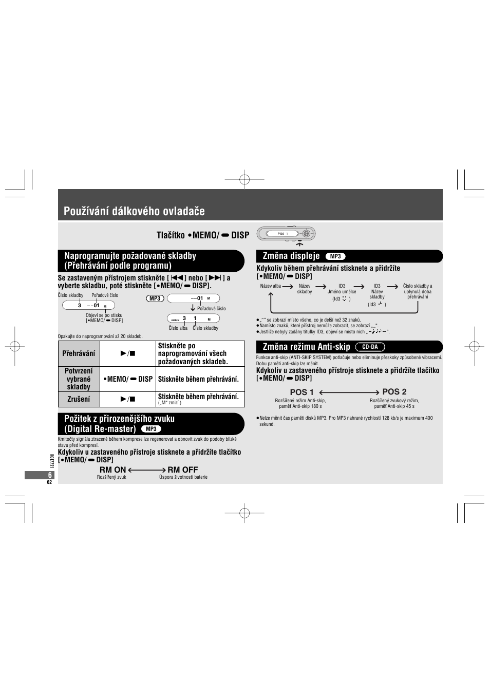 Pouƒívání dálkového ovladaçe, Zmêna displeje zmêna reƒimu anti-skip, Poƒitek z pâirozenêj¢ího zvuku (digital re-master) | Pos 1 pos 2, Rm on rm off | Panasonic SLCT720 User Manual | Page 62 / 84