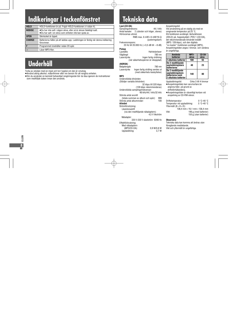 Tekniska data, Underhåll indikeringar i teckenfönstret | Panasonic SLCT720 User Manual | Page 80 / 84