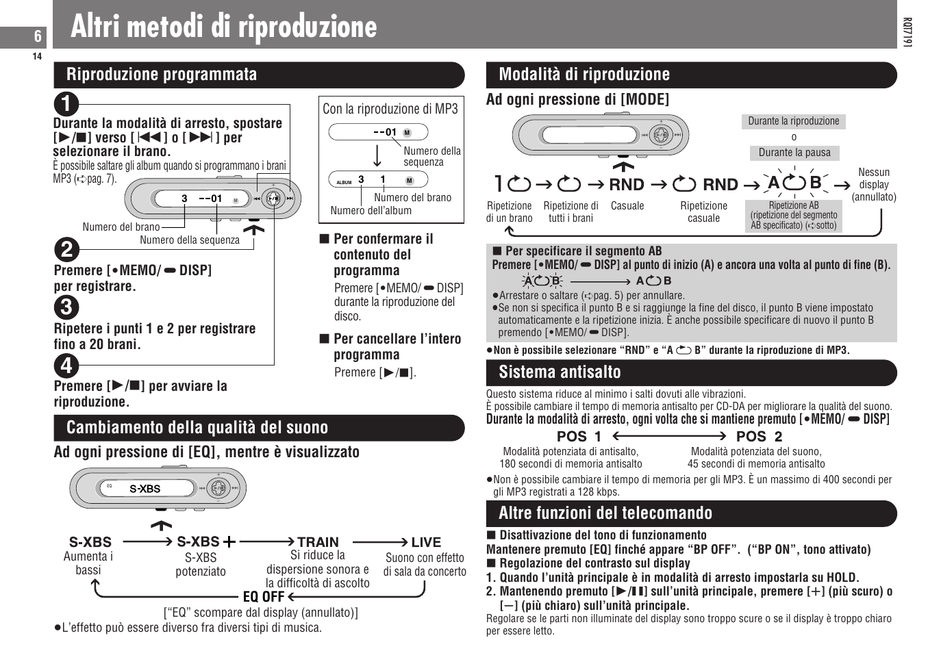 Altri metodi di riproduzione, Riproduzione programmata modalità di riproduzione, Cambiamento della qualità del suono | Sistema antisalto, Altre funzioni del telecomando, Ad ogni pressione di [eq], mentre è visualizzato, Ad ogni pressione di [mode | Panasonic SLCT710 User Manual | Page 14 / 92