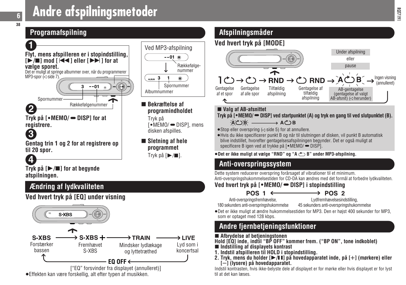 Andre afspilningsmetoder, Programafspilning afspilningsmåder, Ændring af lydkvaliteten | Anti-overspringssystem, Andre fjernbetjeningsfunktioner, Ved hvert tryk på [eq] under visning, Ved hvert tryk på [mode | Panasonic SLCT710 User Manual | Page 38 / 92